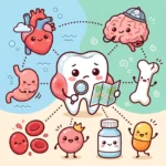Cartoon tooth with a magnifying glass, linked to a heart, brain, stomach, bone, blood cells and medicines