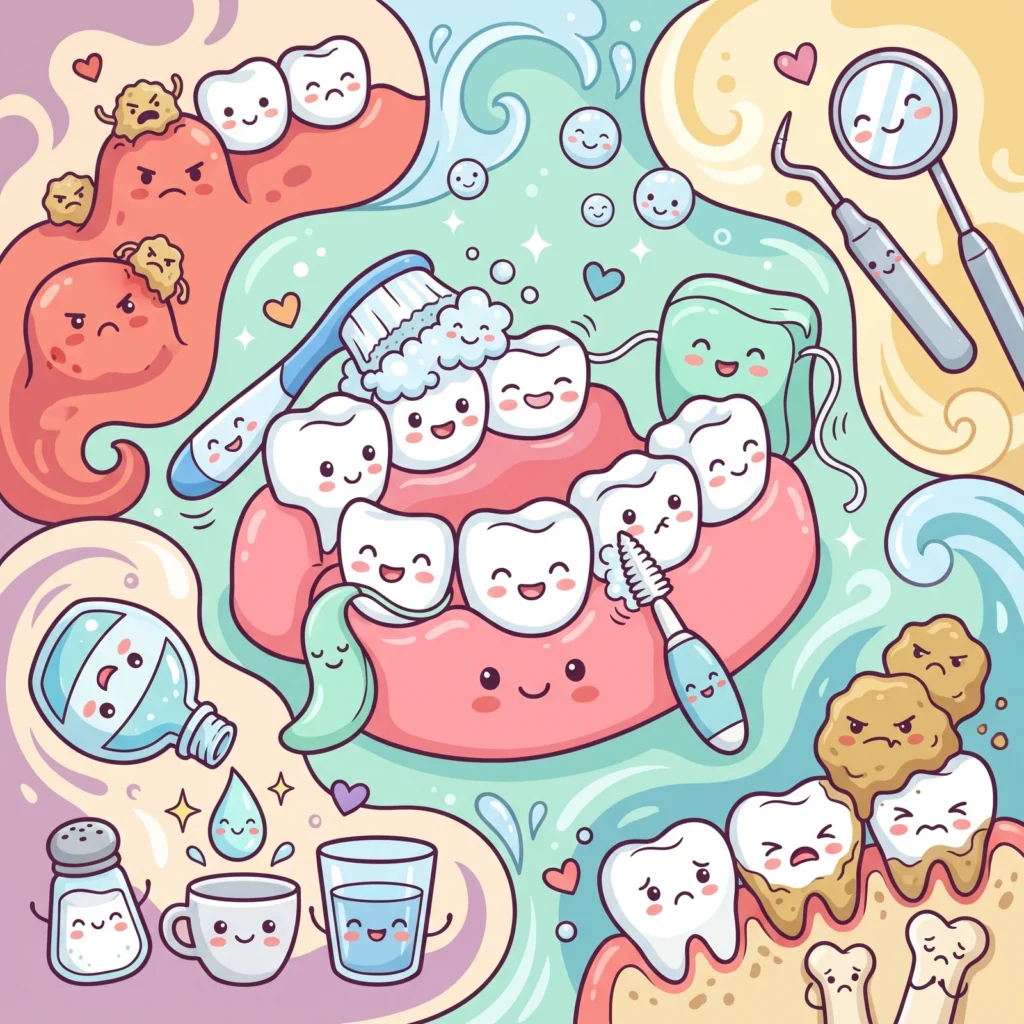 Cartoon teeth in healthy pink gums being brushed, with dental floss, an interdental brush and a dental mirror around them