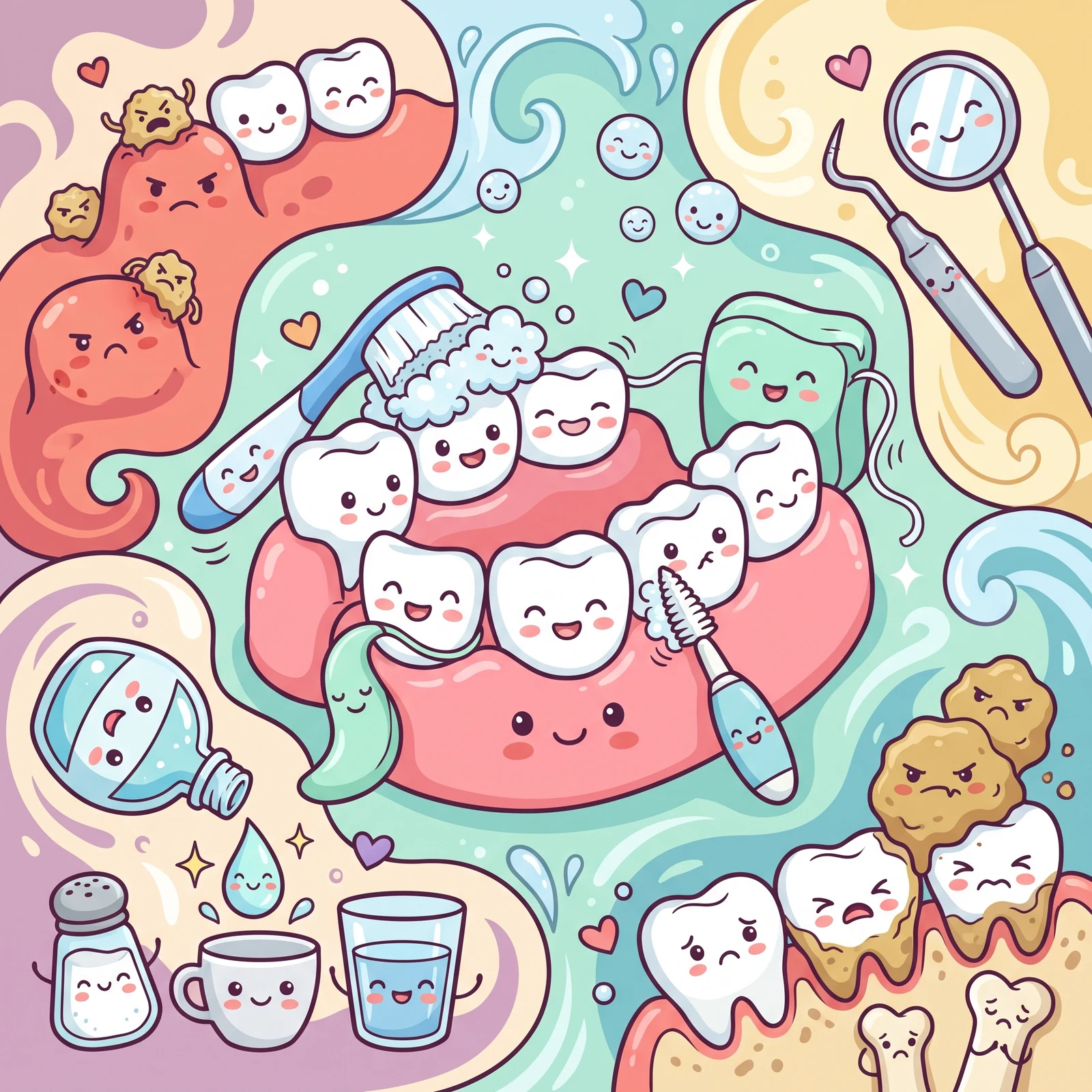 Cartoon teeth in healthy pink gums being brushed, with dental floss, an interdental brush and a dental mirror around them