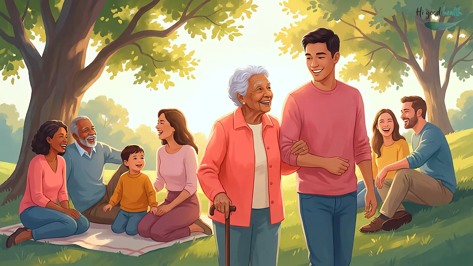 If Parents Stay Healthy Till 90, Will Children Feel Less Responsibility? | Reverse Aging | Part 5 2 A four-generation family relaxing in a sunny park: a smiling woman in her nineties, walking with a cane, walks arm in arm with her grandson while her adult children, a toddler and other relatives sit on the grass nearby.