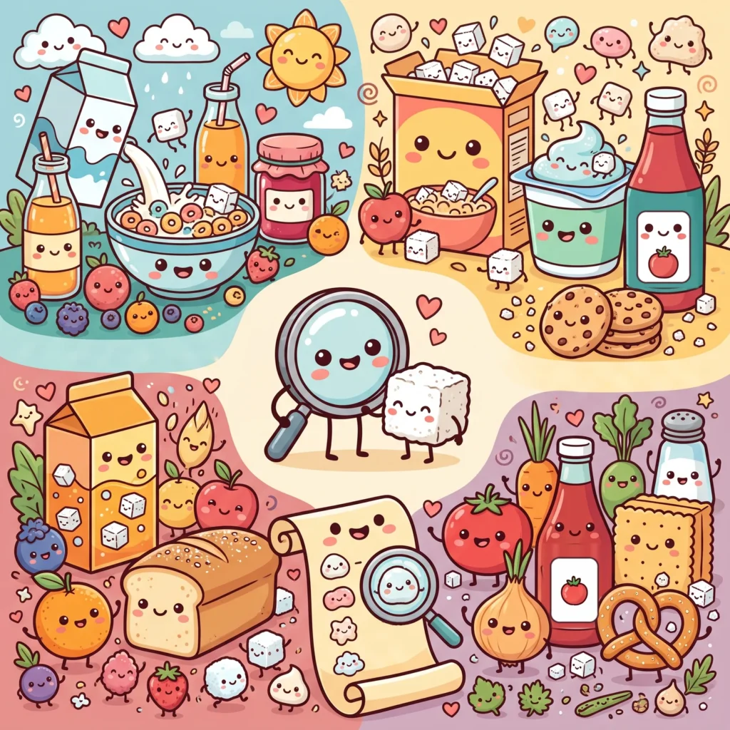 Cartoon illustration of everyday packaged foods that hide sugar, including breakfast cereal, juice, flavored yogurt, ketchup, cookies and bread, with a magnifying glass checking an ingredient list