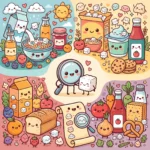 Cartoon illustration of everyday packaged foods that hide sugar, including breakfast cereal, juice, flavored yogurt, ketchup, cookies and bread, with a magnifying glass checking an ingredient list