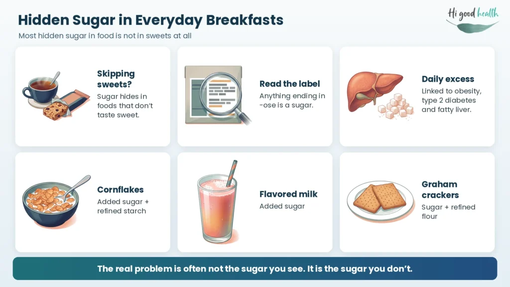 Infographic on hidden sugar in everyday breakfasts. Sugar hides in foods that don't taste sweet, so skipping sweets is not enough. Any ingredient ending in -ose is a sugar, and regular excess is linked to obesity, type 2 diabetes and fatty liver. Cornflakes carry added sugar and refined starch, flavored milk carries added sugar, and graham crackers carry sugar and refined flour.