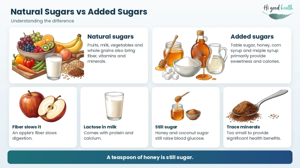 Infographic comparing natural and added sugars. Fruits, milk, vegetables and whole grains carry natural sugar along with fiber, vitamins and minerals. Added sugars such as table sugar, honey, corn syrup and maple syrup primarily provide sweetness and calories. An apple's fiber slows digestion, and the lactose in milk comes with protein and calcium. Honey and coconut sugar still raise blood glucose, and their trace minerals are too small to provide significant health benefits. A teaspoon of honey is still sugar.